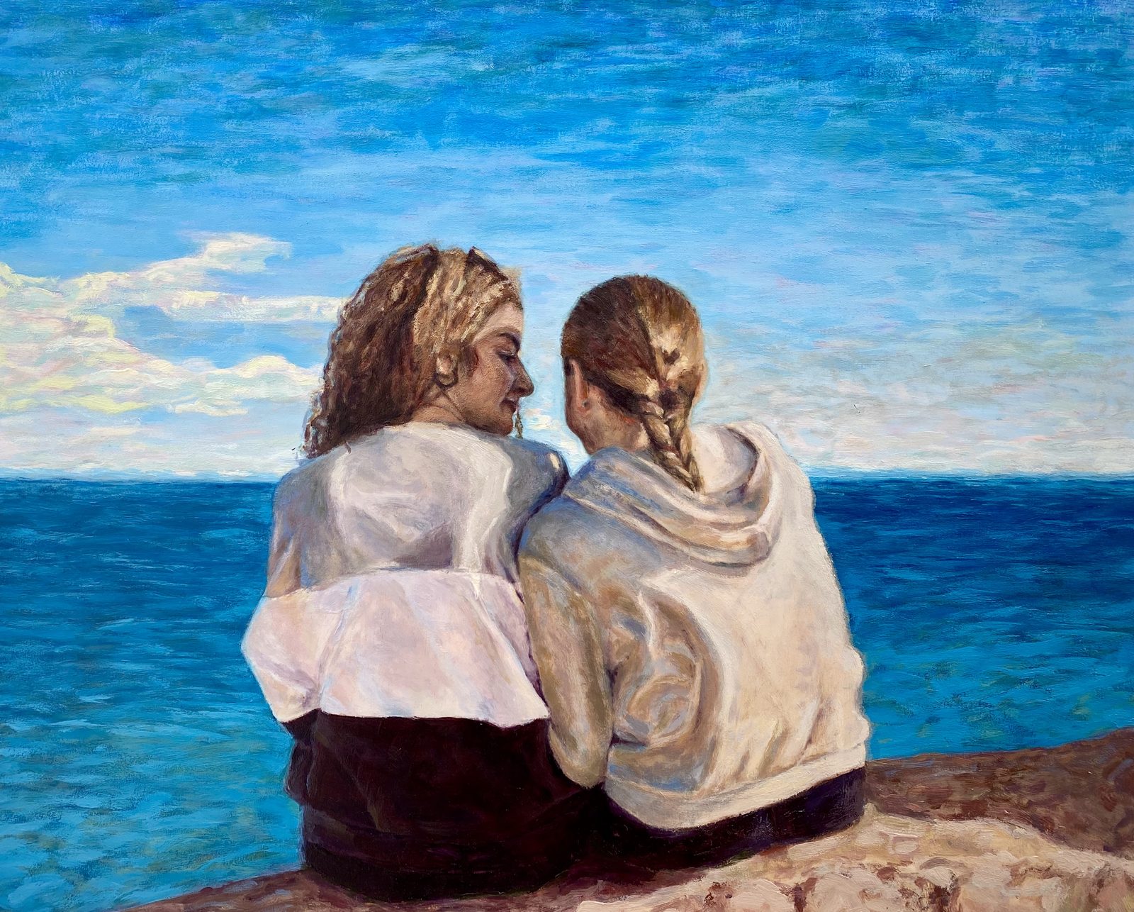 Retrato al óleo de una pareja frente al mar Mediterráneo